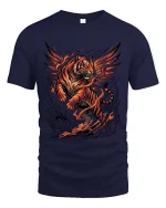 Flaming Winged Tiger T Shirt Fierce Fire Beast Graphic - navy t-shirt on white background