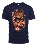 Roaring Tiger Blossom T Shirt Fierce Floral Beast Graphic - navy t-shirt on white background
