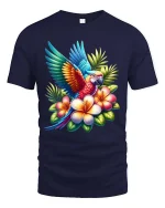 Tropical Parrot Flower T Shirt Colorful Exotic Bird Art - navy t-shirt on white background