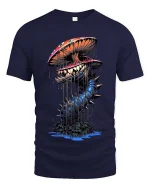 Creepy Mushroom Monster T Shirt Dark Fantasy Fungus Art - navy t-shirt on white background
