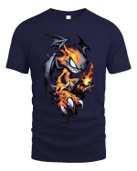 Fire Demon Cartoon T Shirt Mischievous Flame Creature Art - navy t-shirt on white background