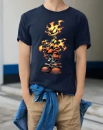Smiling Flame Cartoon T Shirt Fiery Street Style Vibes - model wearing navy tee with hands in pockets