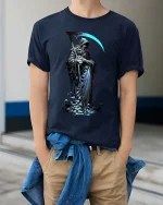 Grim Reaper T Shirt Dark Hooded Death Scythe Graphic Art - model wearing navy tee with hands in pockets