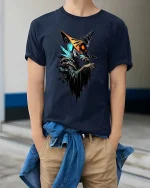 Dark Wizard Creature T Shirt Spooky Fantasy Mage Graphic - model wearing navy tee with hands in pockets