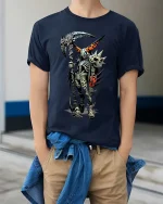 Punk Skeleton Reaper T Shirt Dark Skull Scythe Graphic - model wearing navy tee with hands in pockets