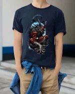 Dark Demon Beast T Shirt Fierce Horned Monster Graphic - model wearing navy tee with hands in pockets