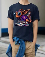 Cute Alien Streetwear T Shirt Big Eyes Sneaker Style Art - model wearing navy tee with hands in pockets