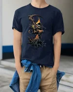 Dark Forest Reaper T Shirt Creepy Tree Grim Graphic Art - model wearing navy tee with hands in pockets