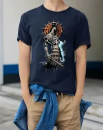 Grim Reaper Knight T Shirt Dark Fantasy Skull Warrior Tee - model wearing navy tee with hands in pockets