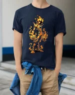 Flaming Monster T Shirt Creepy Fire Creature Graphic Tee - model wearing navy tee with hands in pockets