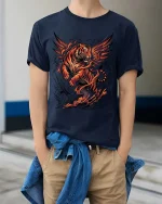 Flaming Winged Tiger T Shirt Fierce Fire Beast Graphic - model wearing navy tee with hands in pockets