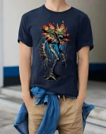 Creepy Flower Monster T Shirt Dark Horror Plant Graphic - model wearing navy tee with hands in pockets