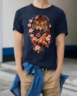 Roaring Tiger Blossom T Shirt Fierce Floral Beast Graphic - model wearing navy tee with hands in pockets
