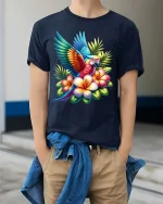 Tropical Parrot Flower T Shirt Colorful Exotic Bird Art - model wearing navy tee with hands in pockets