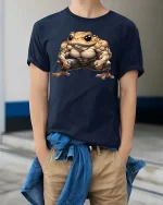 Buff Frog T Shirt Funny Muscular Toad Gym Cartoon Vibes - model wearing navy tee with hands in pockets