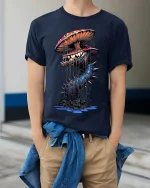 Creepy Mushroom Monster T Shirt Dark Fantasy Fungus Art - model wearing navy tee with hands in pockets