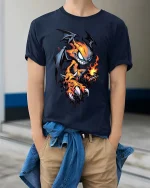 Fire Demon Cartoon T Shirt Mischievous Flame Creature Art - model wearing navy tee with hands in pockets