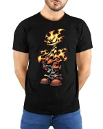 Smiling Flame Cartoon T Shirt Fiery Street Style Vibes - model wearing black tee with hands behind back