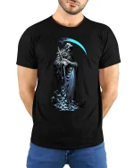 Grim Reaper T Shirt Dark Hooded Death Scythe Graphic Art - model wearing black tee with hands behind back
