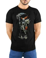 Punk Skeleton Reaper T Shirt Dark Skull Scythe Graphic - model wearing black tee with hands behind back