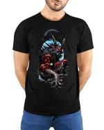 Dark Demon Beast T Shirt Fierce Horned Monster Graphic - model wearing black tee with hands behind back
