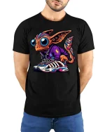 Cute Alien Streetwear T Shirt Big Eyes Sneaker Style Art - model wearing black tee with hands behind back