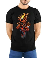 Flaming Pumpkin Demon T Shirt Spooky Fire Creature Graphic - model wearing black tee with hands behind back