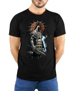 Grim Reaper Knight T Shirt Dark Fantasy Skull Warrior Tee - model wearing black tee with hands behind back