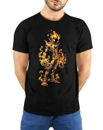 Flaming Monster T Shirt Creepy Fire Creature Graphic Tee - model wearing black tee with hands behind back