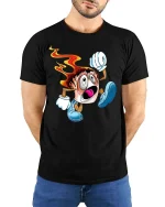 Crazy Running Sushi T Shirt Funny Fire Roll Cartoon Vibes - model wearing black tee with hands behind back