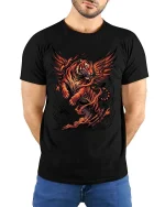 Flaming Winged Tiger T Shirt Fierce Fire Beast Graphic - model wearing black tee with hands behind back