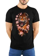 Roaring Tiger Blossom T Shirt Fierce Floral Beast Graphic - model wearing black tee with hands behind back