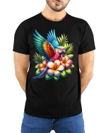 Tropical Parrot Flower T Shirt Colorful Exotic Bird Art - model wearing black tee with hands behind back