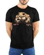 Buff Frog T Shirt Funny Muscular Toad Gym Cartoon Vibes - model wearing black tee with hands behind back