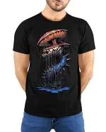 Creepy Mushroom Monster T Shirt Dark Fantasy Fungus Art - model wearing black tee with hands behind back