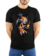 Fire Demon Cartoon T Shirt Mischievous Flame Creature Art - model wearing black tee with hands behind back