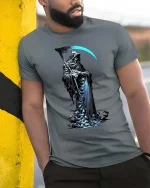 Grim Reaper T Shirt Dark Hooded Death Scythe Graphic Art - model wearing grey tee, leaning on column