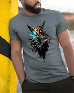 Dark Wizard Creature T Shirt Spooky Fantasy Mage Graphic - model wearing grey tee, leaning on column