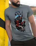 Dark Demon Beast T Shirt Fierce Horned Monster Graphic - model wearing grey tee, leaning on column
