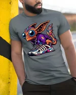 Cute Alien Streetwear T Shirt Big Eyes Sneaker Style Art - model wearing grey tee, leaning on column