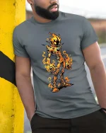 Flaming Monster T Shirt Creepy Fire Creature Graphic Tee - model wearing grey tee, leaning on column