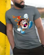 Crazy Running Sushi T Shirt Funny Fire Roll Cartoon Vibes - model wearing grey tee, leaning on column