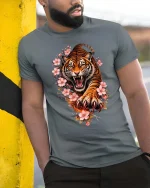 Roaring Tiger Blossom T Shirt Fierce Floral Beast Graphic - model wearing grey tee, leaning on column