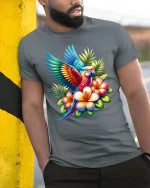 Tropical Parrot Flower T Shirt Colorful Exotic Bird Art - model wearing grey tee, leaning on column