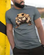 Buff Frog T Shirt Funny Muscular Toad Gym Cartoon Vibes - model wearing grey tee, leaning on column