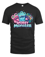 Funny Worry Monster T Shirt Cute Anxiety Cartoon Vibes - black t-shirt on white background