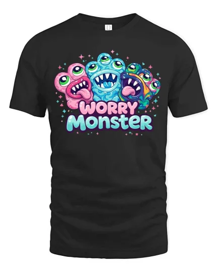 Funny Worry Monster T Shirt Cute Anxiety Cartoon Vibes - black t-shirt on white background