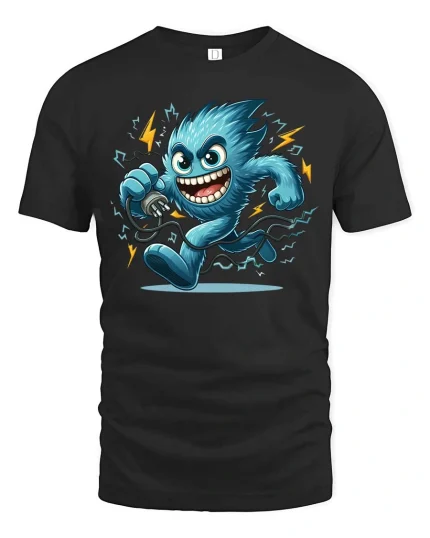 Electric Monster T Shirt Funny Energy Cartoon Graphic - black t-shirt on white background