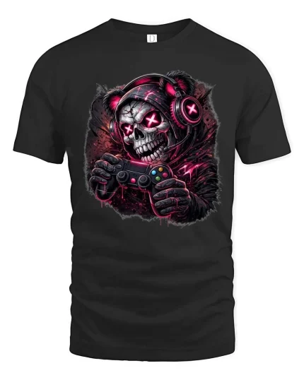 Gamer Skull T Shirt Dark Neon Gaming Skeleton Graphic - black t-shirt on white background