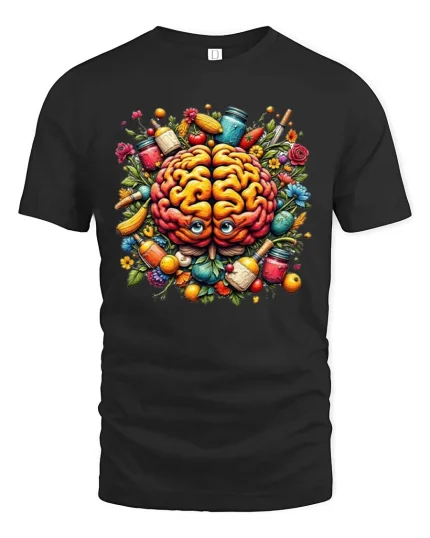 Healthy Brain Food T Shirt Colorful Nutrition Art Design - black t-shirt on white background